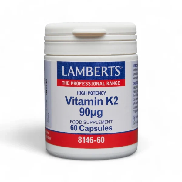 A container of Lamberts Vitamin K2 capsules, labelled as "High Potency 90µg," featuring a professional white and red design with blue branding, containing 60 capsules.