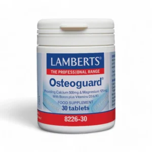 A container of Lamberts Osteoguard tablets, designed for bone health, labelled with "Providing Calcium 500mg & Magnesium 125mg" along with Boron and Vitamins D3 & K1. The vegan supplement includes 30 tablets, displayed in professional packaging with blue and red accents.