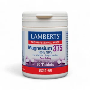 A container of Lamberts Magnesium 375 tablets, featuring a professional white and red design with blue branding, labelled as "100% NRV," "One-A-Day," and containing 60 tablets.