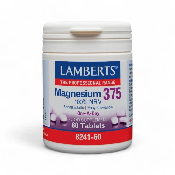 A container of Lamberts Magnesium 375 tablets, featuring a professional white and red design with blue branding, labelled as "100% NRV," "One-A-Day," and containing 60 tablets.