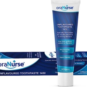 Oranurse Unflavoured Toothpaste 1450 ppm in a blue and white tube, placed in front of its packaging box. The packaging highlights key features such as being free from artificial colours or flavours, non-foaming (SLS-free), vegan-friendly, and providing 1450 ppm fluoride protection. Designed for people with sensitivity to strong flavours