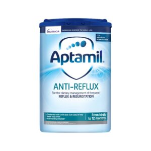 Image of a container of Aptamil Anti-Reflux infant formula, designed for managing frequent reflux and regurgitation in babies from birth to 12 months. The container is primarily light blue with a dark blue lid and features the Aptamil logo prominently on the front, along with a shield symbol. The packaging highlights that the formula is nutritionally complete and thickened with Carob Bean Gum (CBG) to help feeds stay down. The label also mentions 'Food for Special Medical Purposes' and 'Our Patented Formulation'