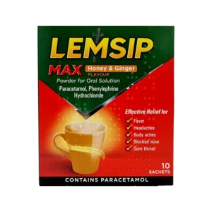 Lemsip Max Honey & Ginger flavour box, containing 10 sachets of powder for oral solution with paracetamol and phenylephrine hydrochloride. Effective relief for symptoms such as fever, headaches, body aches, blocked nose, and sore throat. Green and red packaging with a yellow mug image on the front. The text at the bottom reads 'CONTAINS PARACETAMOL