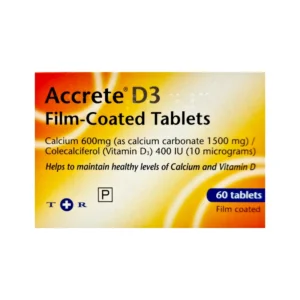 Accrete D3 Film-Coated Tablets packaging, showing details of calcium 600mg (as calcium carbonate 1500mg) and colecalciferol (Vitamin D3) 400 IU. The packaging highlights that it helps maintain healthy levels of calcium and vitamin D and contains 60 film-coated tablets