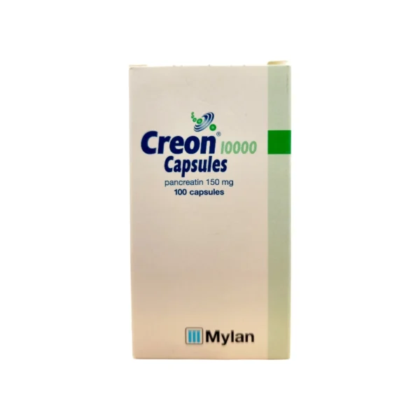 Creon 10000 Capsules product packaging, displaying a white box with blue and green accents, featuring the text 'Creon 10000 Capsules, pancreatin 150 mg, 100 capsules' and the Mylan logo at the bottom