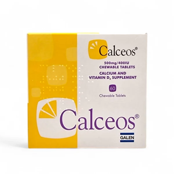 Calceos 500mg/400IU Chewable Tablets packaging, featuring a bright yellow and white design with an orange segment icon, highlighting calcium and vitamin D3 as the key ingredients. The box contains 60 chewable tablets and is produced by Galen.