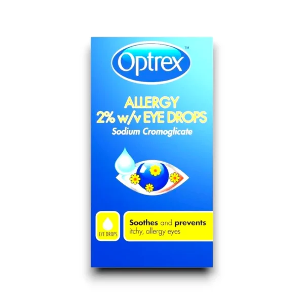 Optrex Allergy Eye Drops packaging featuring 2% w/v Sodium Cromoglicate, designed to soothe and prevent itchy, allergy-affected eyes