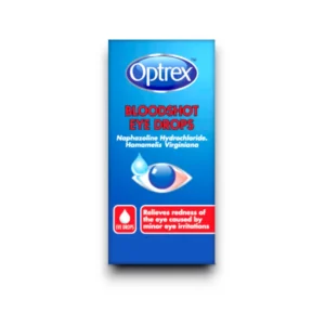 Optrex Bloodshot Eye Drops packaging featuring its key ingredients, Naphazoline Hydrochloride and Hamamelis Virginiana, designed to relieve redness caused by minor eye irritations