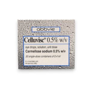 The image shows the packaging for Celluvisc 0.5% w/v eye drops, a product manufactured by AbbVie. The box is silver with a water droplet pattern and features blue and black text. It states "Carmellose sodium 0.5% w/v" and mentions that it contains 30 single-dose containers, each with 0.4 ml of solution.