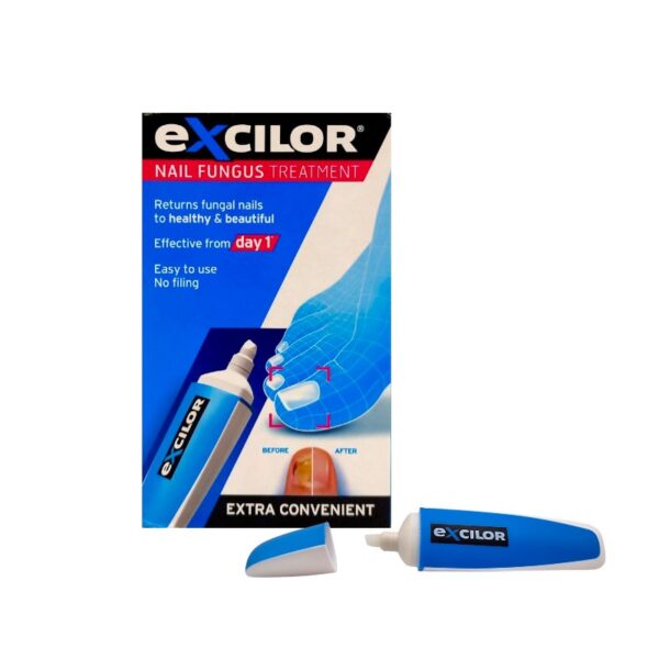 Excilor Nail Fungus Treatment packaging and applicator, designed to return fungal nails to a healthy appearance from day one, easy to use with no filing required.