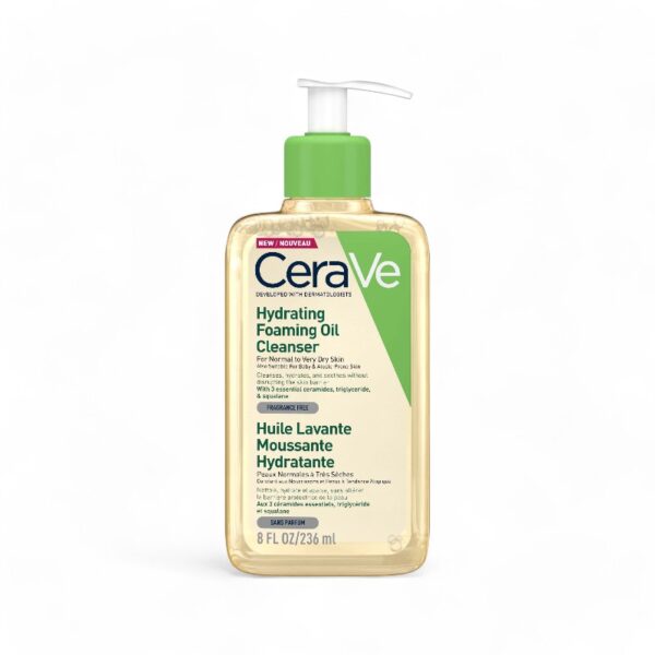 Image of CeraVe Hydrating Foaming Oil Cleanser 236ml with a green pump, designed for normal to very dry skin. The label highlights its hydrating and soothing formula, featuring ceramides, triglyceride, and squalane. Suitable for face and body, and fragrance-free