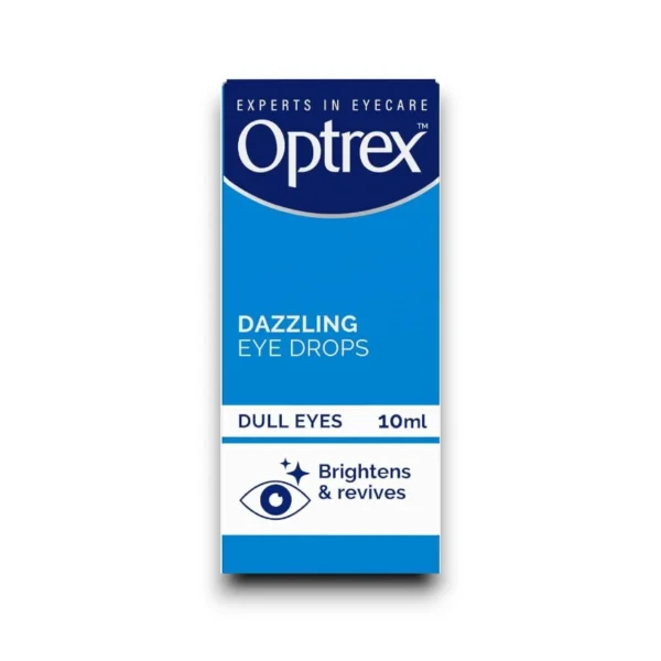 Optrex Dazzling Eye Drops packaging designed for dull eyes, providing a brightening and revitalizing effect in a 10ml bottle