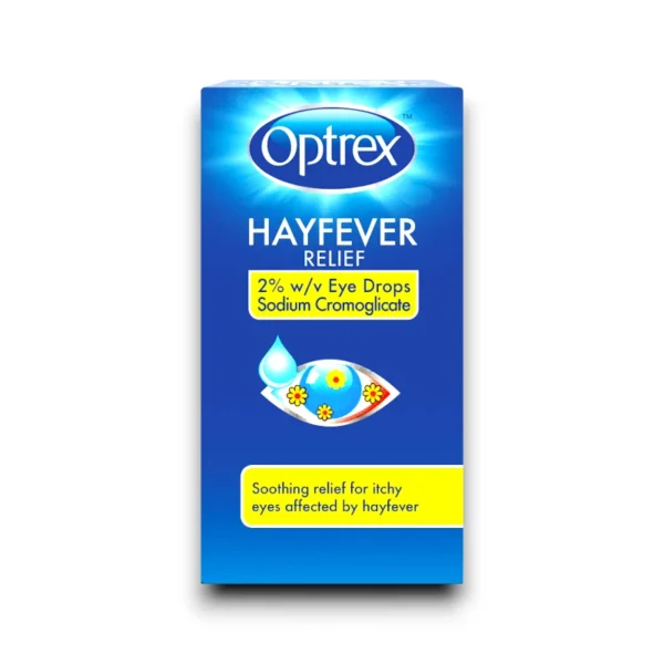 Optrex Hayfever Relief Eye Drops packaging with 2% w/v Sodium Cromoglicate, providing soothing relief for itchy eyes caused by hayfever.