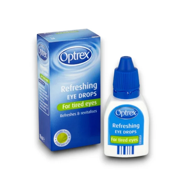 Optrex Refreshing Eye Drops packaging and bottle for tired eyes, featuring a formula with natural plant extracts to refresh and revitalise.