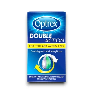 Optrex Double Action Eye Drops packaging for itchy and watery eyes, offering soothing and lubricating relief with a preservative-free formula for instant and long-lasting comfort.