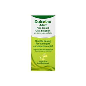 Packaging of DulcoLax Adult Pico Liquid Oral Solution, featuring sodium picosulfate. The box highlights 'Flexible dosing for overnight constipation relief', 'Sugar-free fruit flavoured', and warnings against overuse.