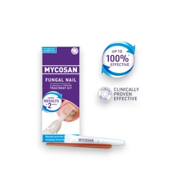 Mycosan Fungal Nail Treatment Kit packaging, clinically proven to be up to 100% effective, suitable for diabetics, with visible results in 2 weeks, including a precision applicator and nail files.