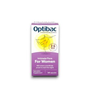 Optibac Intimate Flora for Women packaging with 2.5 billion live cultures, designed to support vaginal health, containing 14 capsules as a specialist supplement.