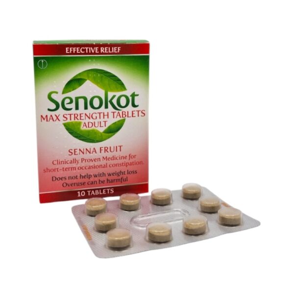 A box of Senokot Max Strength Tablets for adults, prominently labelled with 'Senna Fruit' and 'Effective Relief' in bold text. The box mentions it is a clinically proven medicine for short-term occasional constipation, explicitly stating it does not aid in weight loss and warns against overuse. The image also features a blister pack containing 10 round beige tablets placed in front of the box, showcasing the product's contents clearly.