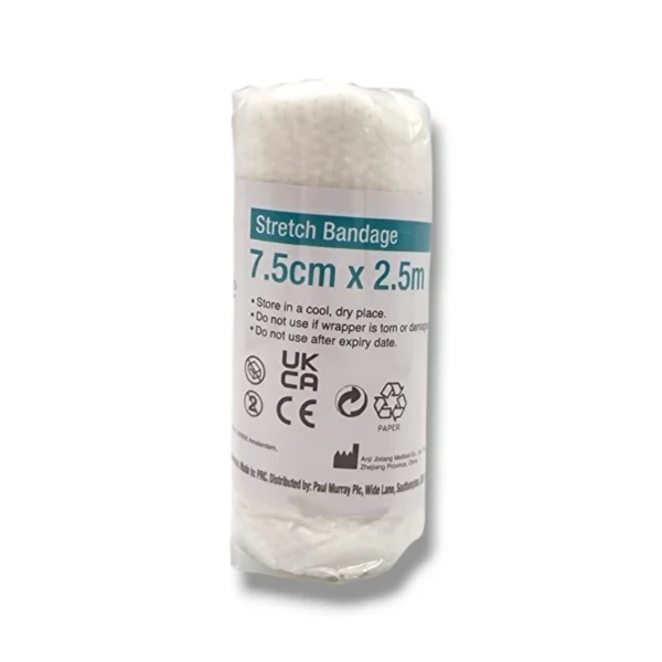 Stretch Bandage 7.5cm x 2.5m, packaged and labelled with care instructions, UKCA and CE certified, ideal for wound care, compression, and support