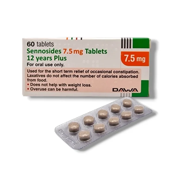 Box of Dawa Sennosides 7.5mg Tablets for 12 years and above, featuring 60 tablets, with a blister pack of round tablets displayed in front. Packaging highlights use for short-term relief of constipation.