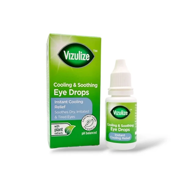 Vizulize Cooling & Soothing Eye Drops packaging and bottle, highlighting benefits such as instant cooling relief for dry, irritated, and tired eyes with plant extracts and pH-balanced formula.