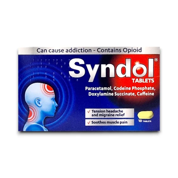 Syndol Tablets packaging highlighting ingredients Paracetamol, Codeine Phosphate, Doxylamine Succinate, and Caffeine, for tension headache, migraine relief, and muscle pain soothing, containing 10 tablets.