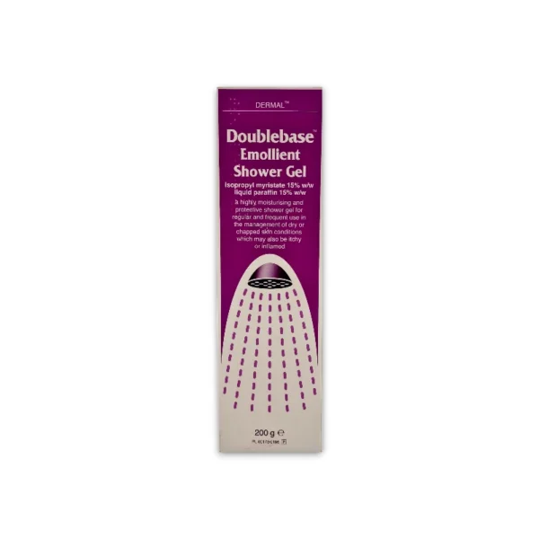 Doublebase Emollient Shower Gel packaging, formulated with isopropyl myristate and liquid paraffin to moisturise and protect dry or chapped skin, suitable for frequent use.