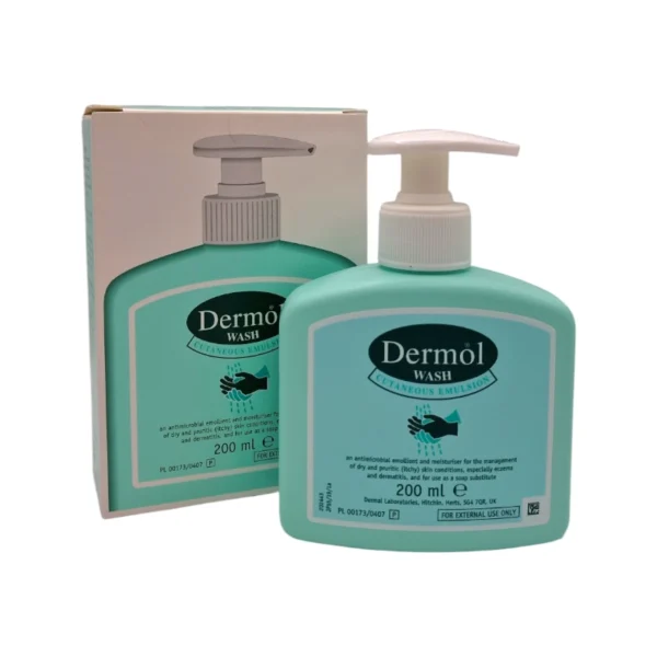 Dermol Wash packaging and pump bottle, a cutaneous emulsion designed as an antimicrobial emollient and moisturiser for managing dry, itchy, or eczema-prone skin.