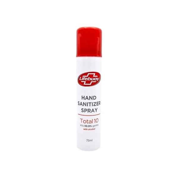 Lifebuoy Hand Sanitizer Spray packaging in a 75ml bottle, featuring Total 10 formula that kills 99.9% of germs with alcohol.