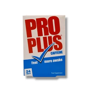 Pro Plus Caffeine Tablets packaging containing 24 tablets, designed to help increase alertness and combat tiredness.