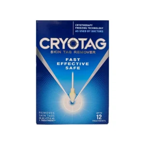 Cryotag Skin Tag Remover packaging, featuring cryotherapy freezing technology for fast, effective, and safe removal of skin tags in as little as one treatment, with up to 12 treatments included.