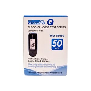 GlucoRx Q Blood Glucose Test Strips packaging, containing 50 test strips compatible with the GlucoRx Q blood glucose monitoring system, requiring a 0.7µL blood sample.