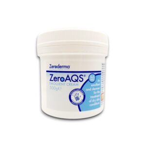 ZeroAQS Emollient Cream packaging, a 500g SLS-free formula designed as an emollient and cleanser for the treatment of dry skin conditions.