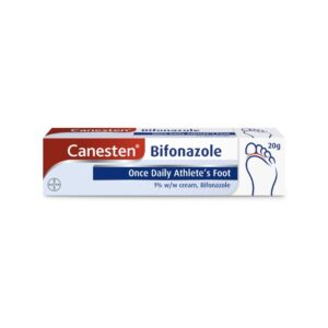 Canesten Bifonazole 1% cream packaging for once-daily treatment of athlete's foot, available in a 20g tube.