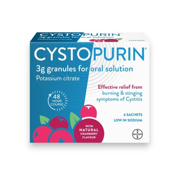 Image of a Cystopurin® Cystitis Relief box, featuring 3g granules for oral solution with potassium citrate. The packaging highlights its effective relief for burning and stinging cystitis symptoms, cranberry flavour, 48-hour course, and low sodium content. Includes 6 sachets.