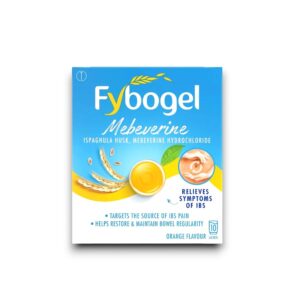 Fybogel Mebeverine packaging, containing ispaghula husk and mebeverine hydrochloride, designed to relieve symptoms of IBS, target IBS pain, and maintain bowel regularity, in orange flavour with 10 sachets.