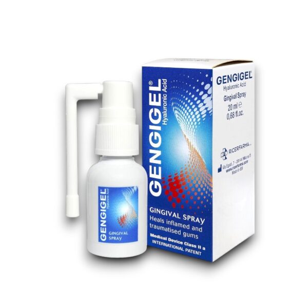 Gengigel Gingival Spray packaging and bottle featuring hyaluronic acid, designed to heal inflamed and traumatised gums, available in a 20ml spray format.