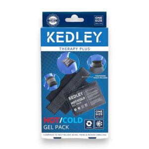 Kedley Therapy Plus Hot/Cold Gel Pack with reusable gel pouch, adjustable strap, and positioning pouch for pain relief and swelling reduction, shown in retail packaging