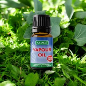 Nuage Vapour Oil bottle displayed on a lush green background, containing soothing menthol and eucalyptol to promote easy breathing.