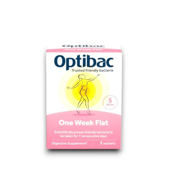 Optibac One Week Flat packaging with 5 billion live cultures, a digestive supplement containing 7 sachets, scientifically proven to support gut health over 7 consecutive days.