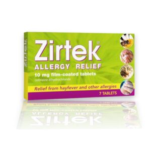 Zirtek Allergy Relief 10 mg Film-Coated Tablets packaging, featuring bold text on a green background with images representing common allergens like pollen, pets, and dust.