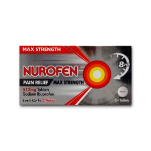 The image shows the packaging of Nurofen Max Strength Pain Relief Tablets. The design features a metallic silver background with a red and yellow circular target symbol in the center, signifying precision pain relief. The words "Nurofen" and "Pain Relief Max Strength" are prominently displayed. The packaging specifies "512mg Tablets" with "Sodium Ibuprofen" as the active ingredient and mentions "Lasts Up To 8 Hours." The top-left corner highlights "Max Strength," and a clock graphic in the top-right corner emphasizes "8 HR" duration. The pack contains 24 tablets.