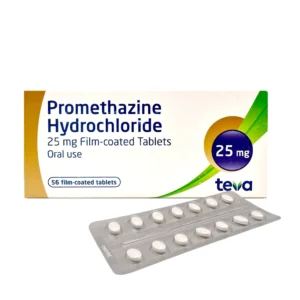 The image displays the packaging of Promethazine Hydrochloride 25mg Film-coated Tablets, with a blister pack of tablets placed in the foreground. Key features of the packaging include: Product name in bold, navy text: "Promethazine Hydrochloride." Dosage strength: 25 mg, highlighted in a circular purple icon. Usage details: "Oral use" and "56 film-coated tablets" displayed clearly. The Teva logo in the bottom right corner, accompanied by green and gold accents for a modern, clean design.