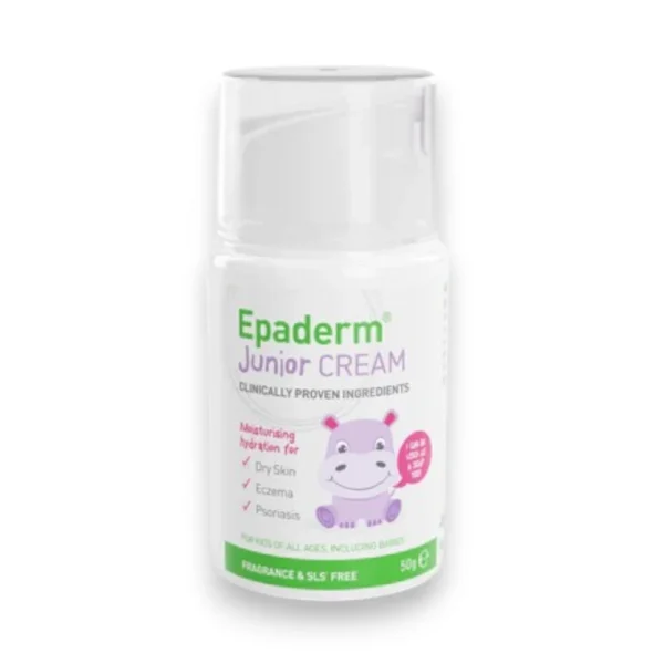 White bottle of Epaderm Junior Cream featuring a cheerful purple hippo illustration. The label highlights 'Clinically Proven Ingredients' and benefits like moisturizing hydration for dry skin, eczema, and psoriasis. The product is suitable for kids of all ages, including babies, and is fragrance and SLS-free. Contains 50g of cream.